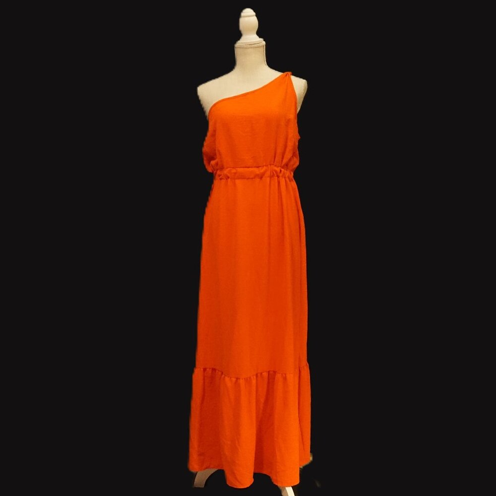 Rolla Coster Bright Red Orange Maxi One Shoulder Tier Skirt Dress Women’s Large